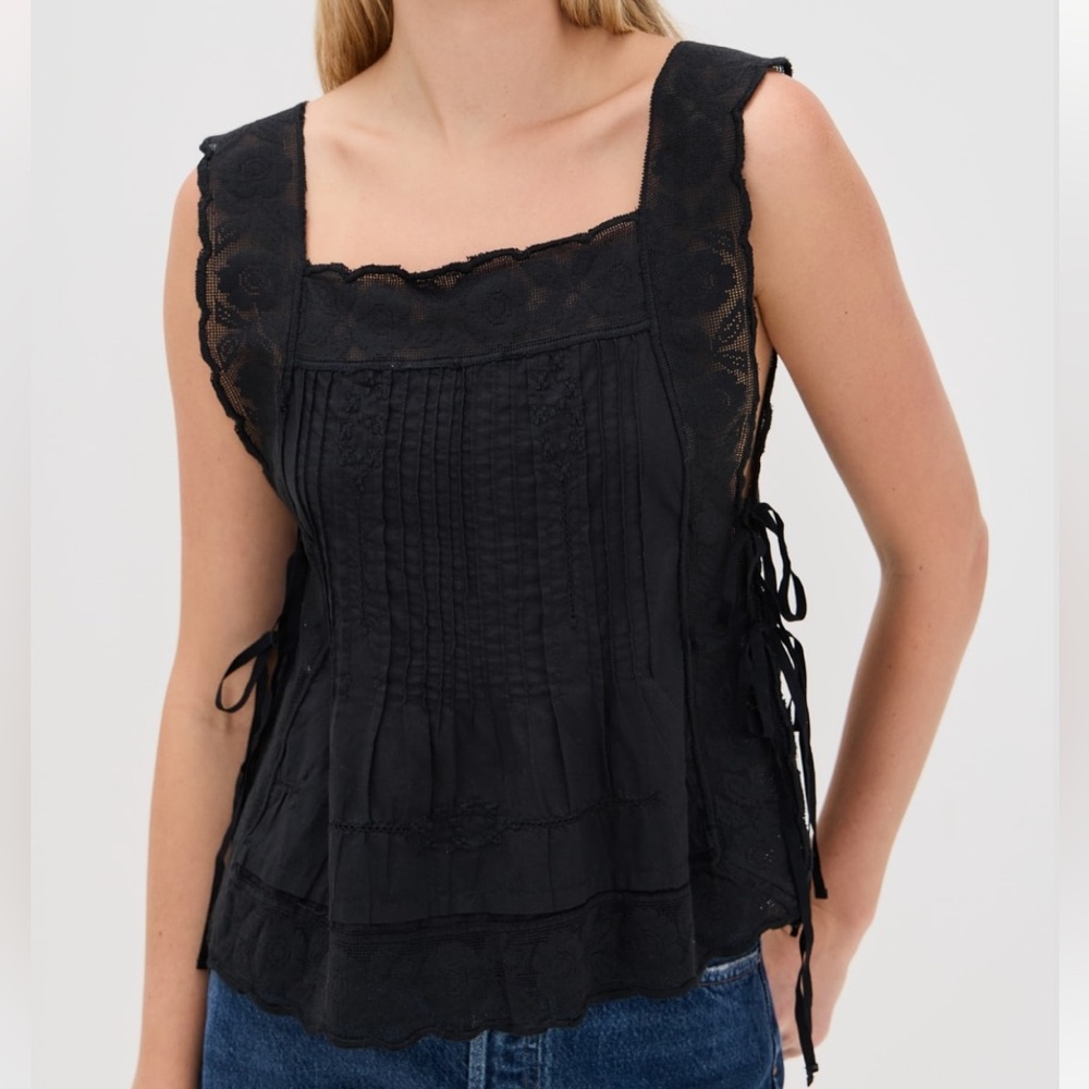 THE GREAT. Black Smocked Sleeveless Blouse